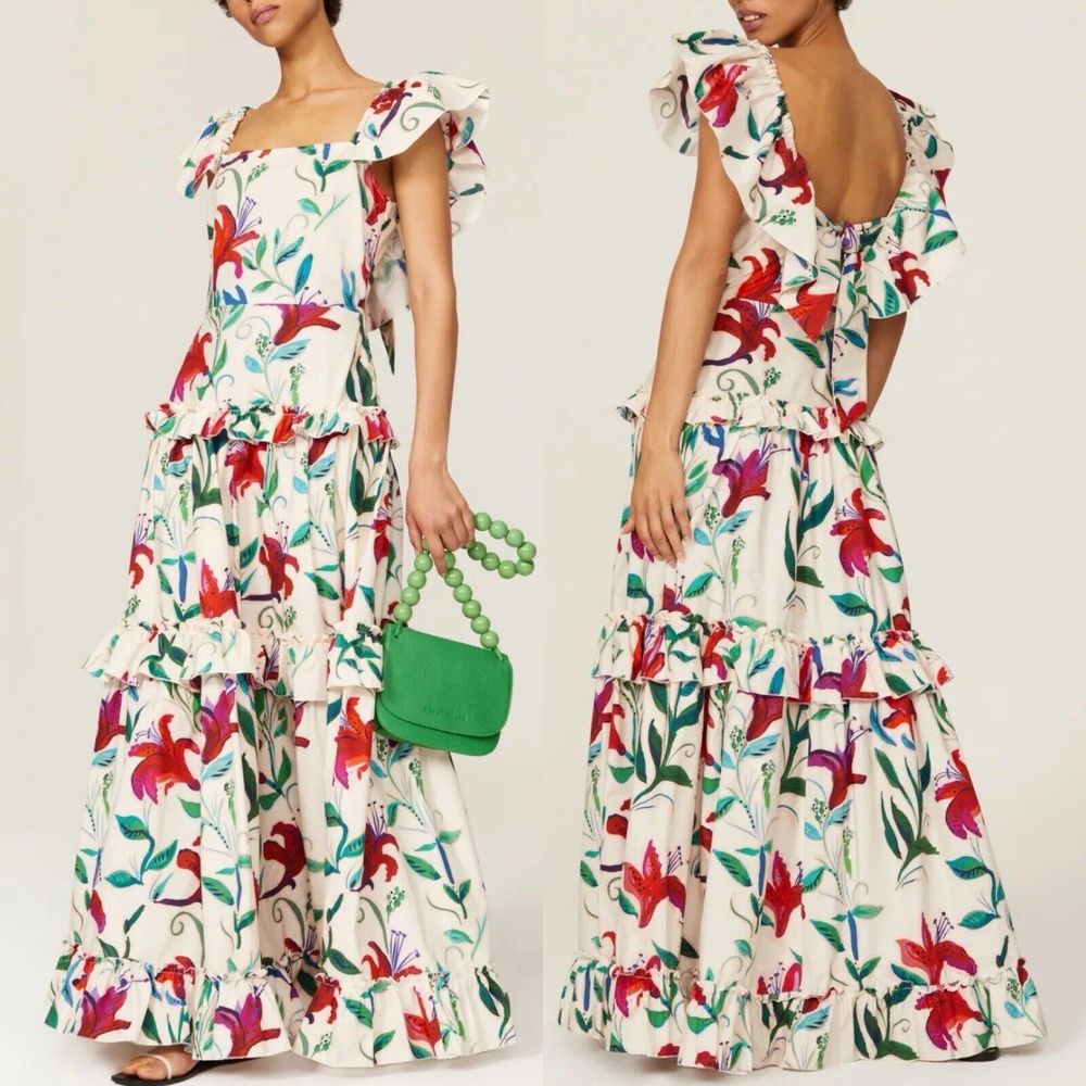 La DoubleJ Scarlett Maxi Dress Small S Floral Tiered Square Neck Flutter Sleeve